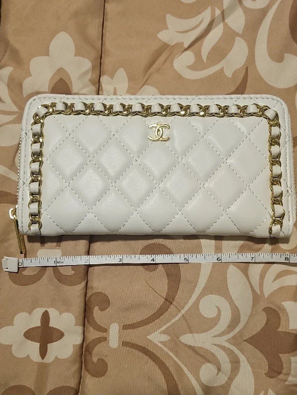 White Quilted Leather Zip Wallet with Gold Chain Trim